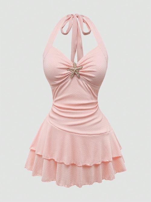 Sweetra Plus Size Women's Textured Starfish Decor Camisole Dress & Swim Shorts 2 Piece Set,Cerise Pink Summer Tropical Beach Holiday Bikini Bathing Suits