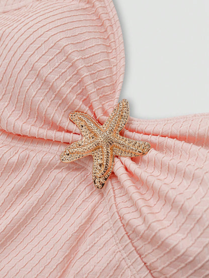 Sweetra Plus Size Women's Textured Starfish Decor Camisole Dress & Swim Shorts 2 Piece Set,Cerise Pink Summer Tropical Beach Holiday Bikini Bathing Suits