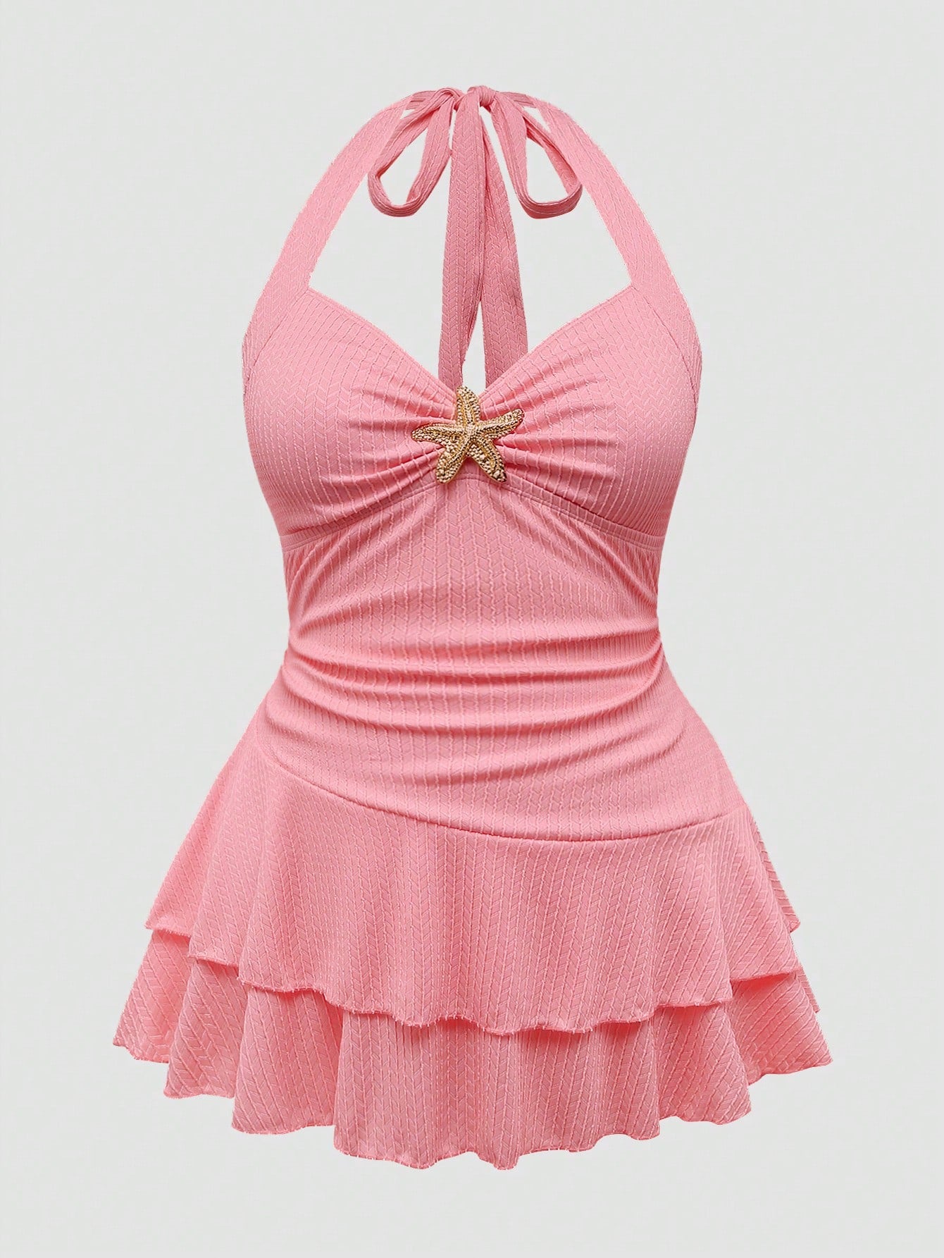Sweetra Plus Size Women's Textured Starfish Decor Camisole Dress & Swim Shorts 2 Piece Set,Cerise Pink Summer Tropical Beach Holiday Bikini Bathing Suits