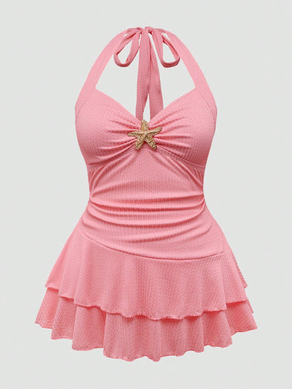 Sweetra Plus Size Women's Textured Starfish Decor Camisole Dress & Swim Shorts 2 Piece Set,Cerise Pink Summer Tropical Beach Holiday Bikini Bathing Suits