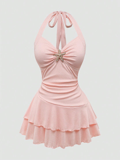 Sweetra Plus Size Women's Textured Starfish Decor Camisole Dress & Swim Shorts 2 Piece Set,Cerise Pink Summer Tropical Beach Holiday Bikini Bathing Suits
