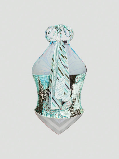 Sweetra Reversible Crochet Spaghetti Strap Sleeveless Printed Camisole, Suitable For Beach & Summer Vacation