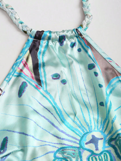 Sweetra Reversible Crochet Spaghetti Strap Sleeveless Printed Camisole, Suitable For Beach & Summer Vacation
