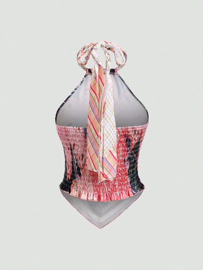 Sweetra Reversible Crochet Spaghetti Strap Sleeveless Printed Camisole, Suitable For Beach & Summer Vacation
