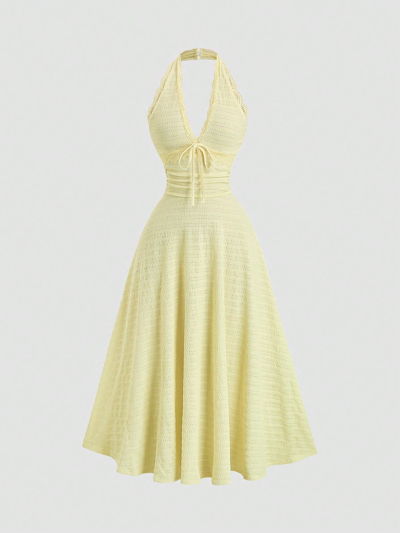Sweetra Sexy Halter Lace Trim Textured Fabric Flowy A-Line Pleated Elegant Dress