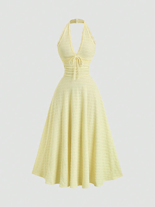 Sweetra Sexy Halter Lace Trim Textured Fabric Flowy A-Line Pleated Elegant Dress