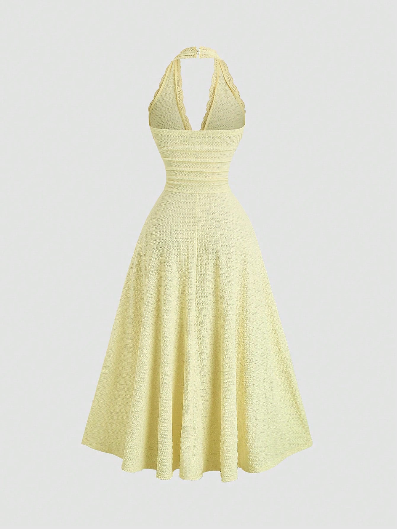 Sweetra Sexy Halter Lace Trim Textured Fabric Flowy A-Line Pleated Elegant Dress