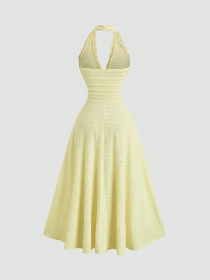 Sweetra Sexy Halter Lace Trim Textured Fabric Flowy A-Line Pleated Elegant Dress