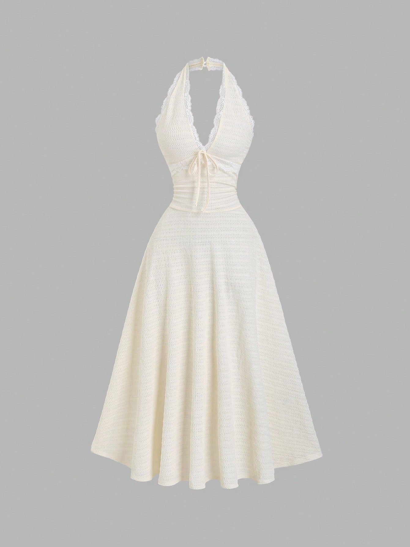 Sweetra Sexy Halter Lace Trim Textured Fabric Flowy A-Line Pleated Elegant Dress