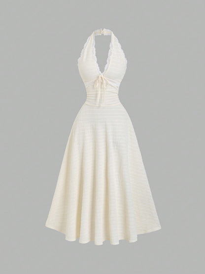 Sweetra Sexy Halter Lace Trim Textured Fabric Flowy A-Line Pleated Elegant Dress