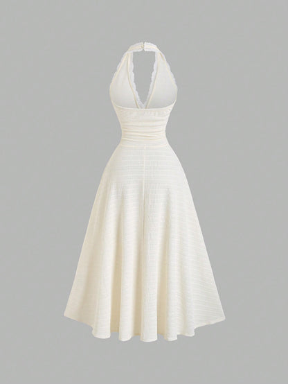 Sweetra Sexy Halter Lace Trim Textured Fabric Flowy A-Line Pleated Elegant Dress