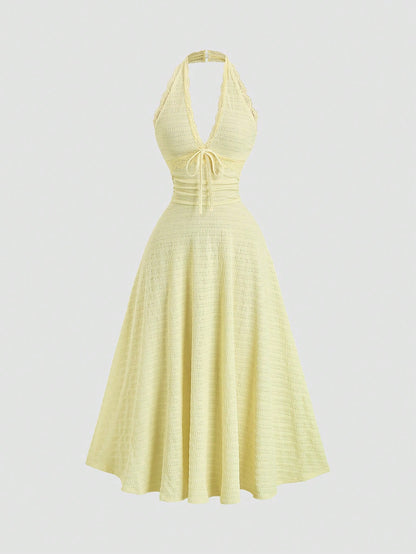 Sweetra Sexy Halter Lace Trim Textured Fabric Flowy A-Line Pleated Elegant Dress
