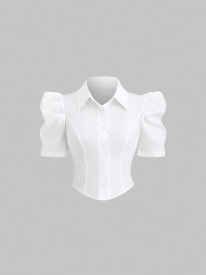 Sweetra Simple White Gigot Sleeve Blouse For Women,Summer Office Commute Wear