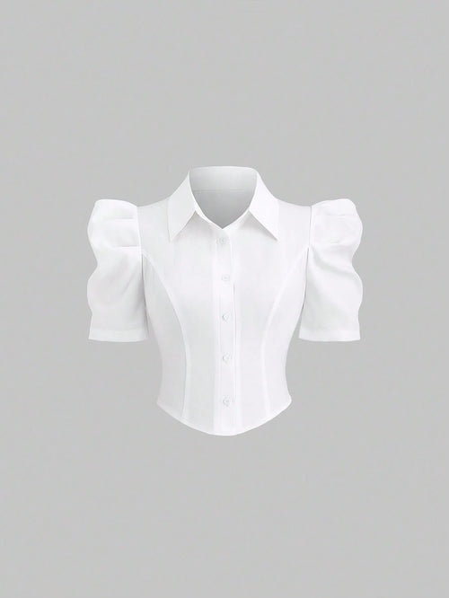 Sweetra Simple White Gigot Sleeve Blouse For Women,Summer Office Commute Wear
