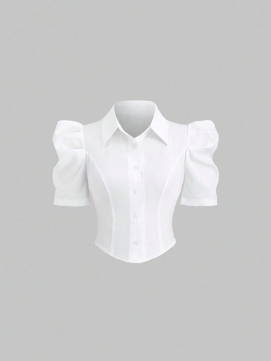 Sweetra Simple White Gigot Sleeve Blouse For Women,Summer Office Commute Wear