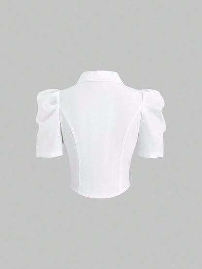 Sweetra Simple White Gigot Sleeve Blouse For Women,Summer Office Commute Wear