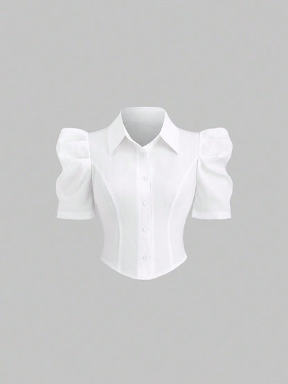 Sweetra Simple White Gigot Sleeve Blouse For Women,Summer Office Commute Wear