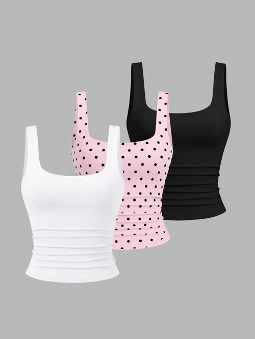 Sweetra Women's Casual Solid Color & Polka Dot Print Tank Top