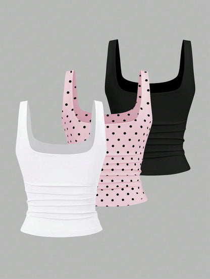 Sweetra Women's Casual Solid Color & Polka Dot Print Tank Top