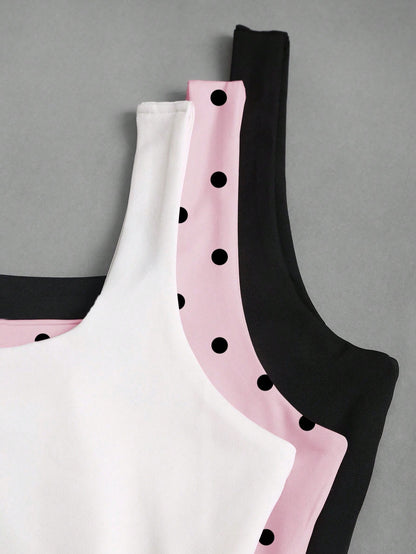 Sweetra Women's Casual Solid Color & Polka Dot Print Tank Top