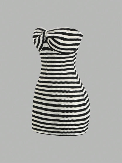 Sweetra Women's Contrast Stripe Backless Knit Tube Top Bodycon Mini Dress, Summer