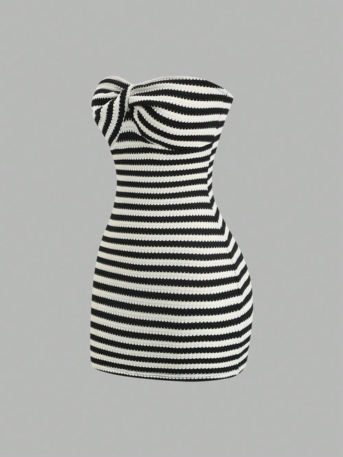 Sweetra Women's Contrast Stripe Backless Knit Tube Top Bodycon Mini Dress, Summer