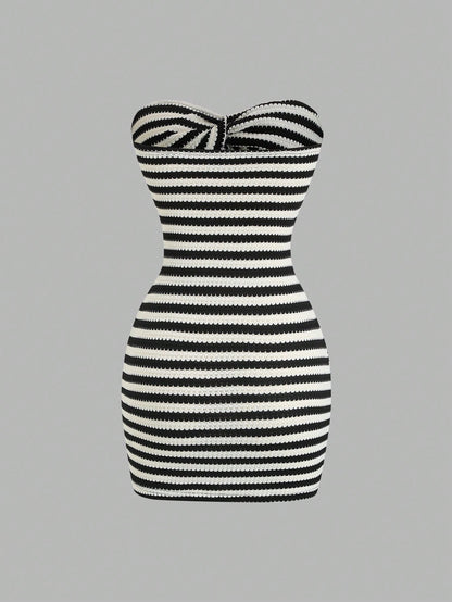 Sweetra Women's Contrast Stripe Backless Knit Tube Top Bodycon Mini Dress, Summer