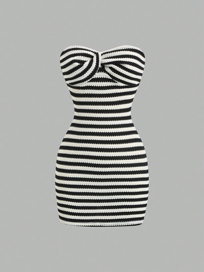 Sweetra Women's Contrast Stripe Backless Knit Tube Top Bodycon Mini Dress, Summer