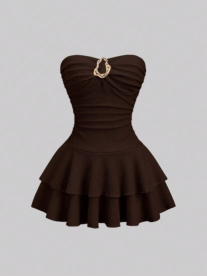 Sweetra Women's Elegant Strapless Double-Layer Mini Dress