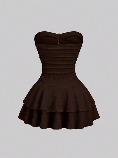 Sweetra Women's Elegant Strapless Double-Layer Mini Dress