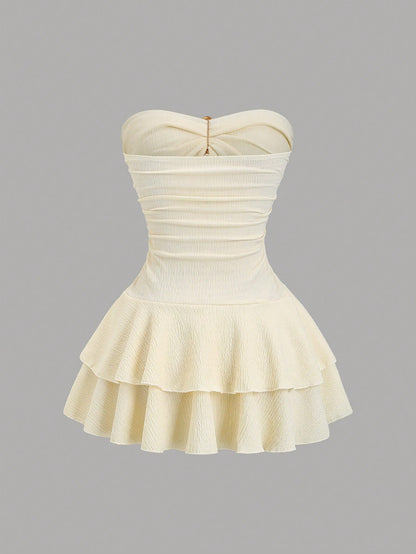 Sweetra Women's Elegant Strapless Double-Layer Mini Dress