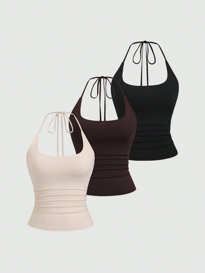 Sweetra Women's European And American Fashion Casual New Summer, Slim Fit Sexy Halter Backless Elegant Commute Casual Fitness 3-Pieces Set Halter Top