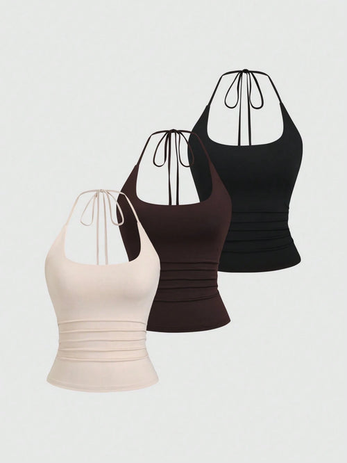 Sweetra Women's European And American Fashion Casual New Summer, Slim Fit Sexy Halter Backless Elegant Commute Casual Fitness 3-Pieces Set Halter Top
