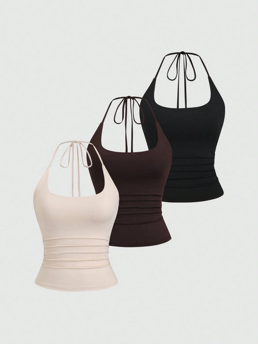 Sweetra Women's European And American Fashion Casual New Summer, Slim Fit Sexy Halter Backless Elegant Commute Casual Fitness 3-Pieces Set Halter Top