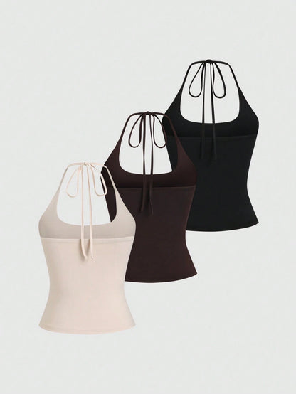 Sweetra Women's European And American Fashion Casual New Summer, Slim Fit Sexy Halter Backless Elegant Commute Casual Fitness 3-Pieces Set Halter Top