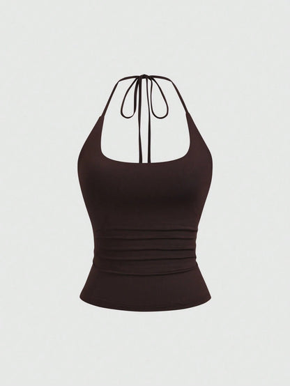 Sweetra Women's European And American Fashion Casual New Summer, Slim Fit Sexy Halter Backless Elegant Commute Casual Fitness 3-Pieces Set Halter Top