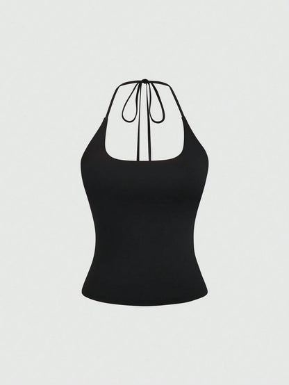 Sweetra Women's European And American Fashion Casual New Summer, Slim Fit Sexy Halter Backless Elegant Commute Casual Fitness 3-Pieces Set Halter Top