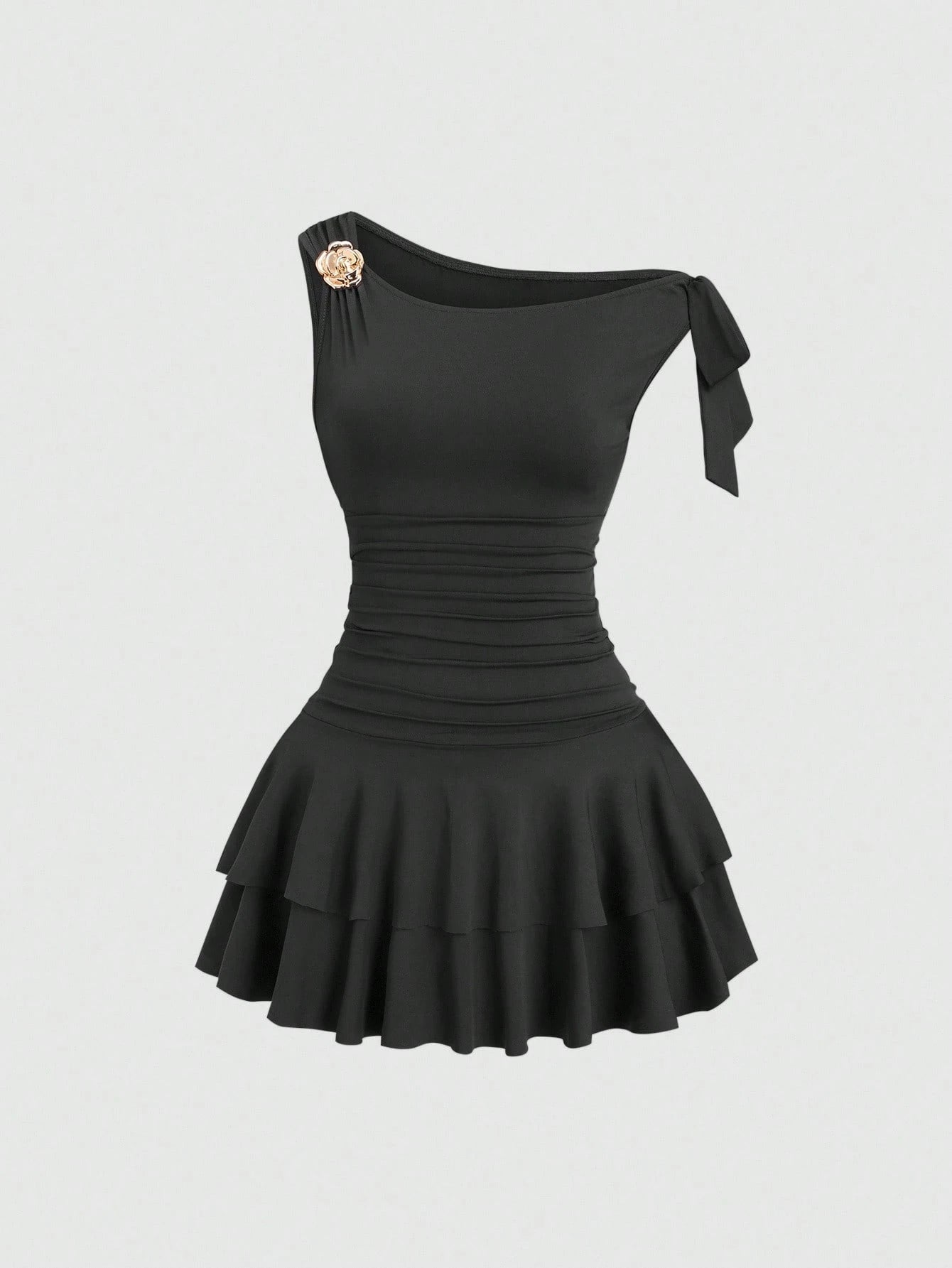 Sweetra Women's Metal Flower Decor Asymmetric Neck Ruffle Hem Fashion Dress