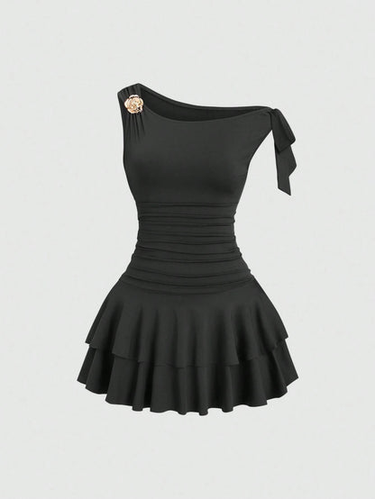 Sweetra Women's Metal Flower Decor Asymmetric Neck Ruffle Hem Fashion Dress