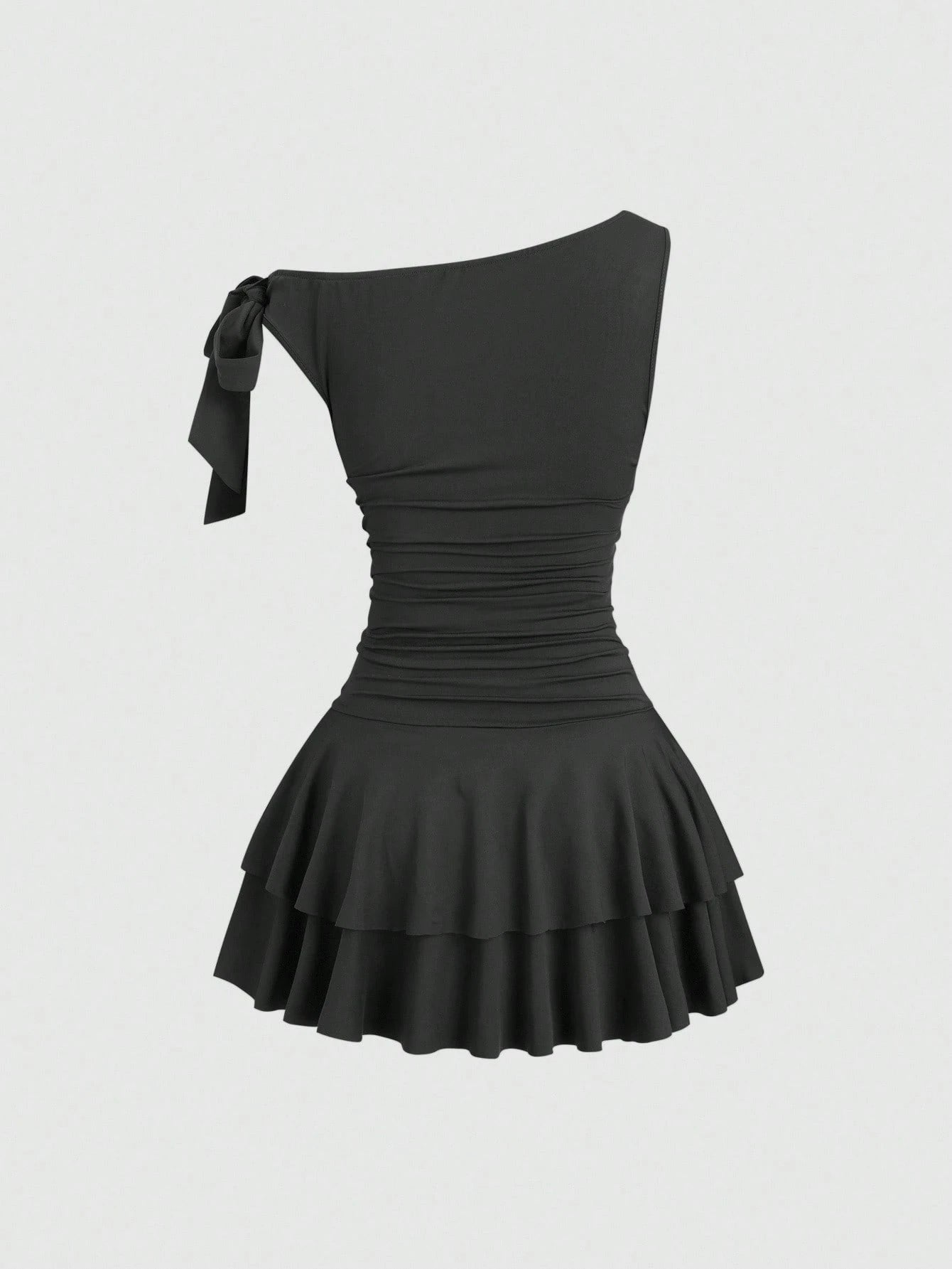 Sweetra Women's Metal Flower Decor Asymmetric Neck Ruffle Hem Fashion Dress