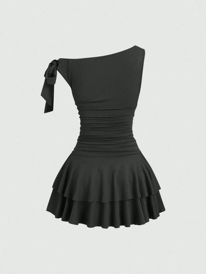 Sweetra Women's Metal Flower Decor Asymmetric Neck Ruffle Hem Fashion Dress