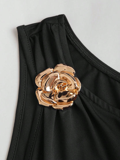 Sweetra Women's Metal Flower Decor Asymmetric Neck Ruffle Hem Fashion Dress