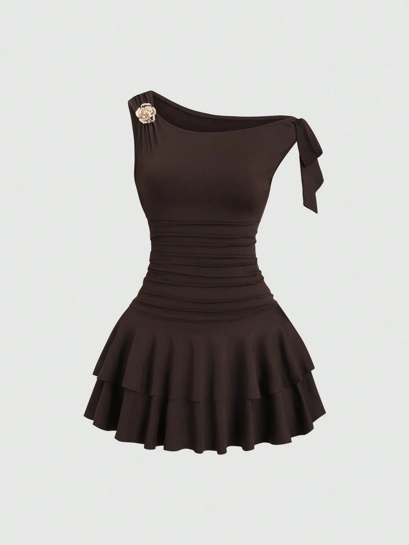 Sweetra Women's Metal Flower Decor Asymmetric Neck Ruffle Hem Fashion Dress