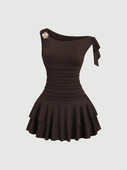Sweetra Women's Metal Flower Decor Asymmetric Neck Ruffle Hem Fashion Dress