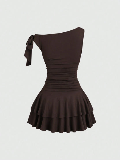 Sweetra Women's Metal Flower Decor Asymmetric Neck Ruffle Hem Fashion Dress