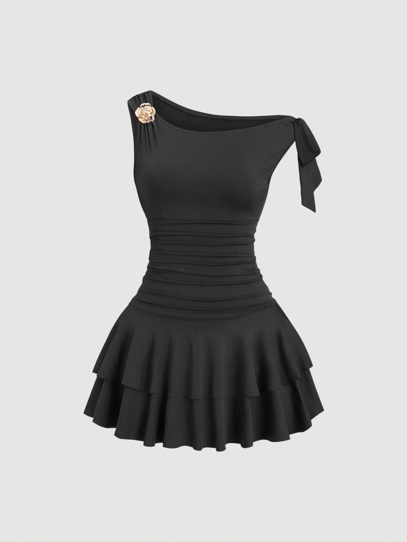Sweetra Women's Metal Flower Decor Asymmetric Neck Ruffle Hem Fashion Dress