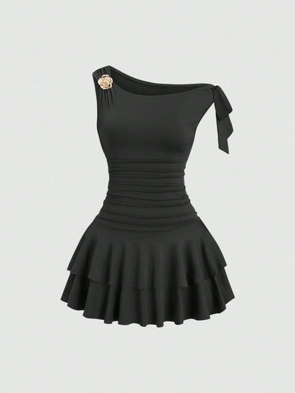Sweetra Women's Metal Flower Decor Asymmetric Neck Ruffle Hem Fashion Dress