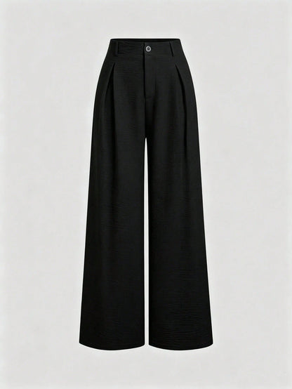 Sweetra Women's New Fashion Versatile Retro Elegant Textured Faux Linen Pleated Wide Leg Long Pants