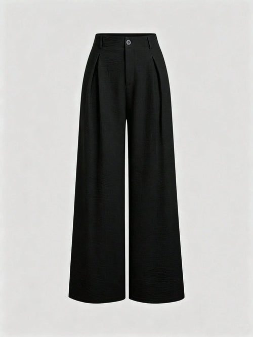 Sweetra Women's New Fashion Versatile Retro Elegant Textured Faux Linen Pleated Wide Leg Long Pants