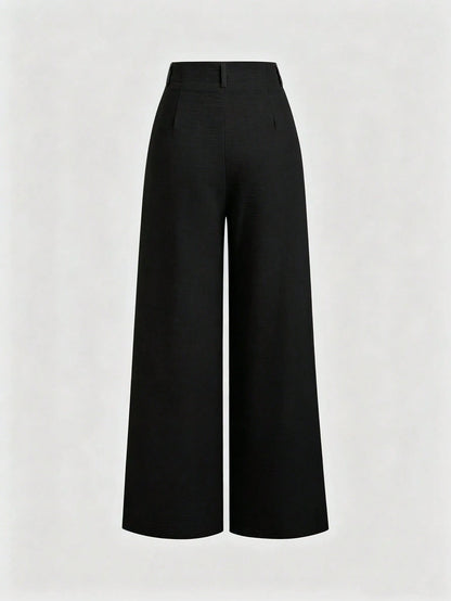 Sweetra Women's New Fashion Versatile Retro Elegant Textured Faux Linen Pleated Wide Leg Long Pants
